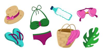 set of clothes and accessories for the beach. Summer beach fashion. Clothes for relaxing at sea and on the beach. vector
