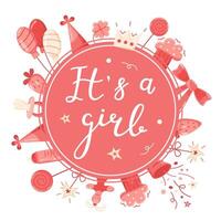 Hand drawn greeting card for the birth of a Girl. invitation card template for baby gender reveal party. Color illustration with balloons, crackers and party items on a white background. vector