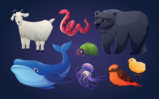 Cartoon cute wild and domestic animals. Set of isolated illustrations.