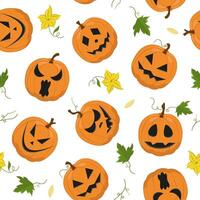 Seamless pattern with Halloween pumpkins. Color illustration of a pumpkin with carved faces. Image for textiles, packaging and wallpaper. vector