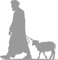 silhouette of muslim man walks leading a tied sheep black color only vector
