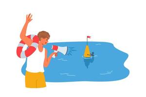 Man lifeguard waves hand to drowning man and holds lifebuoy demonstrating readiness to help vector