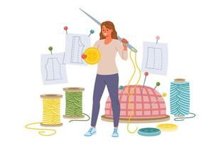 Woman seamstress holds large needle and button standing near threads for making handmade clothes vector