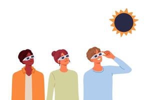 People view solar eclipse using disposable glasses to observe rare astronomical phenomenon vector