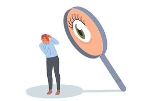 Man afraid of surveillance and pressure from giant eye in magnifying glass, causing discomfort vector