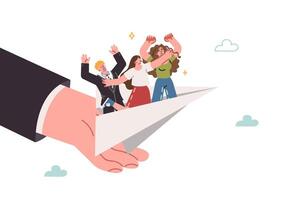 Mentoring assistance for young employees standing in paper plane flying thanks to support of boss vector
