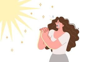 Woman prays with tears in eyes and rejoices at miracle she has seen, standing near flash in sky vector