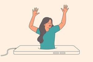 Digital addiction and attachment to mobile phone causes trouble for woman drowning in gadget display vector