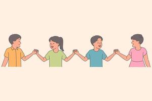 Cheerful children hold hands standing in row and laugh while participating in school games vector