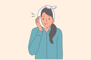 Woman with bad tooth and bandage on head needs to go to dentist and take painkillers vector