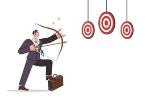 Business man works in multitasking mode, trying to hit several targets, holding bow with arrows vector