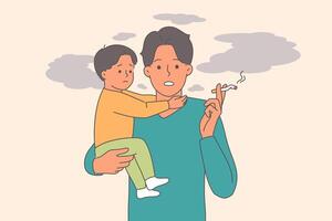 Man smokes and holds little son in arms, for concept harm of passive smoking causing cancer vector