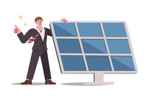 Solar panel for generating electricity from renewable sources, near man showing thumbs up vector