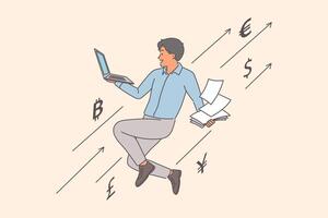 Successful trader makes profit from earning money on cryptocurrency arbitrage and flies with laptop vector