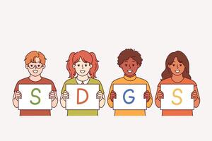SDGS letters in hands of children calling to define and comply with sustainable development goals vector