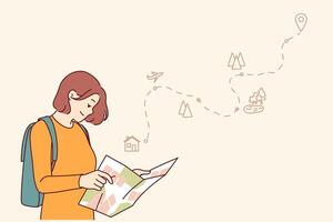 Woman tourist uses paper map to travel through nature reserves and plot route to destination vector
