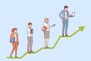 Business people stand on career progress line in form chart, receiving promotions due to good work vector