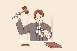 Stern judge man pronounces verdict and points finger at screen after hitting gavel vector