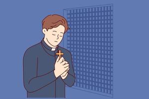 Padre prays and holds christian cross in hands, standing in confession room, asking god to atone vector