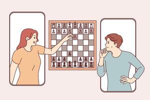 Chess game in mobile phone application between man and woman competing in intellectual game vector