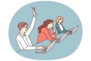 Man student sitting at desk with laptop raises hand to ask question on topic of lecture vector