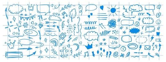 Doodle design elements and arrows. Elements for infographics. Hand drawn set of icons, frames, borders, arrows in isolated on checkered notebook sheet background. vector