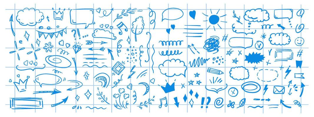 Doodle design elements and arrows. Elements for infographics. Hand drawn set of icons, frames, borders, arrows in isolated on checkered notebook sheet background.