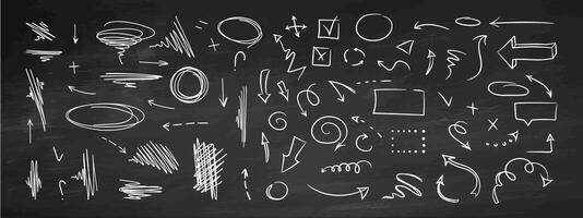 Doodle design elements and arrows. Elements for infographics. Hand drawn set of icons, frames, borders, arrows in isolated on chalkboard background. vector