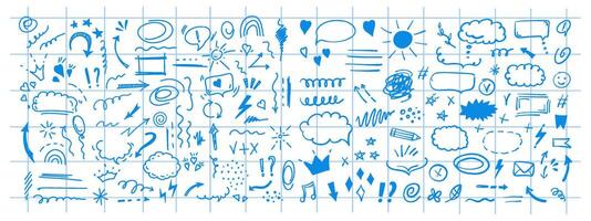 Doodle design elements and arrows. Elements for infographics. Hand drawn set of icons, frames, borders, arrows in isolated on checkered notebook sheet background. vector
