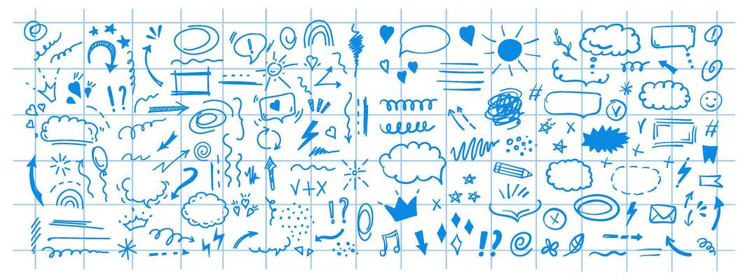 Doodle design elements and arrows. Elements for infographics. Hand drawn set of icons, frames, borders, arrows in isolated on checkered notebook sheet background.