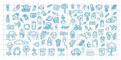 Set of ecology. Hand drawn design illustration. Ecology problem, recycling and green energy icons in doodle style on checkered notebook sheet background. vector