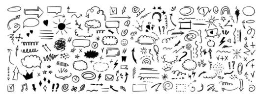 Simple sketch line style elements. Doodle cute ink pen line elements isolated on white background. Doodle arrow, heart, star, decoration symbol, icon set. vector