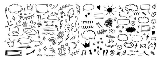 Simple sketch line style elements. Doodle cute ink pen line elements isolated on white background. Doodle arrow, heart, star, decoration symbol, icon set. vector