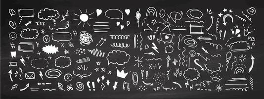 Simple sketch line style elements. Doodle cute ink pen line elements isolated on chalkboard background. Doodle arrow, heart, star, decoration symbol, icon set. vector