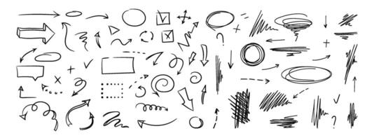 Doodle design elements and arrows. Elements for infographics. Hand drawn set of icons, frames, borders, arrows in isolated on white background. vector