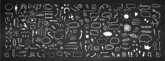 Simple sketch line style elements. Doodle cute ink pen line elements isolated on chalkboard background. Doodle arrow, heart, star, decoration symbol, icon set. vector