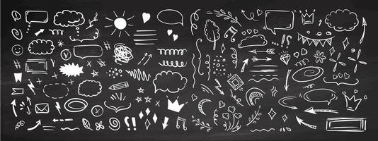 Simple sketch line style elements. Doodle cute ink pen line elements isolated on chalkboard background. Doodle arrow, heart, star, decoration symbol, icon set. vector