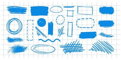 Hand-draw doodle frame set. Scribble elements. Circle, box, oval, square, wave, line, rectangle. Brush pen, line stroke vector