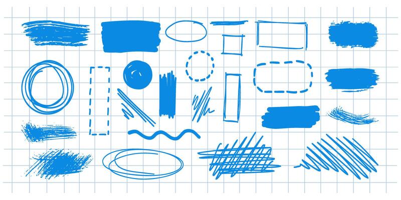 Hand-draw doodle frame set. Scribble elements. Circle, box, oval, square, wave, line, rectangle. Brush pen, line stroke