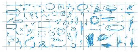 Doodle design elements and arrows. Elements for infographics. Hand drawn set of icons, frames, borders, arrows in isolated on checkered notebook sheet background. vector