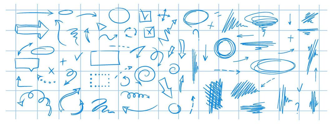 Doodle design elements and arrows. Elements for infographics. Hand drawn set of icons, frames, borders, arrows in isolated on checkered notebook sheet background.