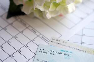 Japanese my number card specimen and notification card on calendar background photo