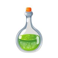 Magic potion in a bottle cartoon style. Magic elixir game in glass icon of green color. illustration isolated on a white background. vector