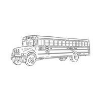 A line drawn illustration of an American school bus in black and white sketchy style. Drawn by hand. vector