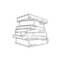 A stack of books in black and white line drawing. Drawn by hand in a sketchy style. vector