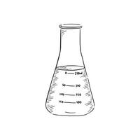 Science conical flask. A line drawn illustration of a conical flask in black and white. Drawn by hand with numbers written onto the glass and flask is full of liquid. vector