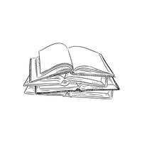 A stack of open books, hand drawn in a black and white sketchy style. vector