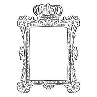 A line drawing of a regal style frame. Black and white hand drawn illustration of an ornate frame with a crown at the top. vector