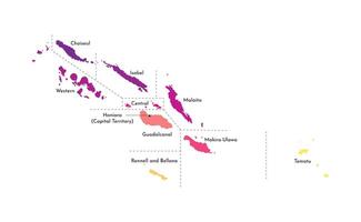 isolated illustration of simplified administrative map of Solomon Islands. Borders and names of the provinces, regions. Multi colored silhouettes vector
