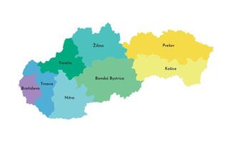 isolated illustration of simplified administrative map of Slovakia. Borders and names of the regions. Multi colored silhouettes. vector